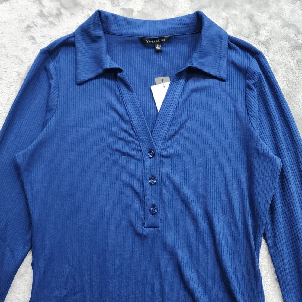 NEW Violets & Roses Top Womens S Blue Ribbed Knit Long Sleeve Collared Bodysuit - Picture 2 of 12
